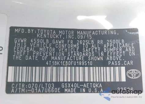 2015 Toyota Avalon Xle Touring z USA, uszkodzony, nr VIN 4T1BK1EB0FU189510